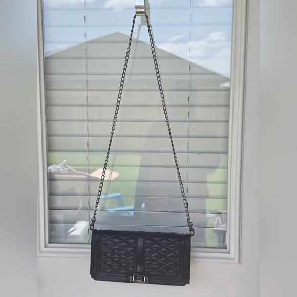 $298 Rebecca Minkoff Quilted Black Leather Love Crossbody Chain Bag Womens - Picture 3 of 14